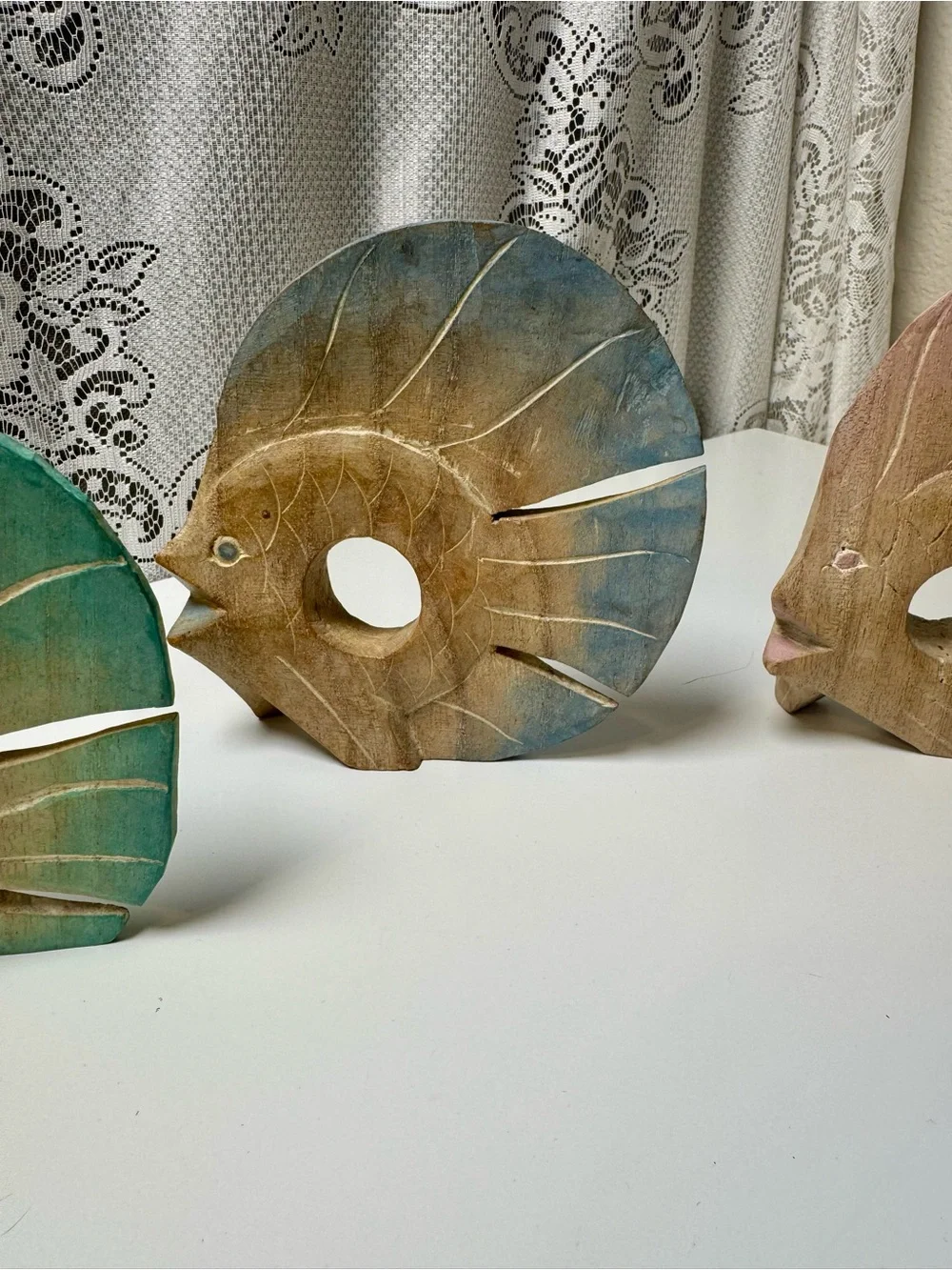 Vintage Hand Carved Wooden Fish Napkin Rings, Set of 4. Coastal Folk Art